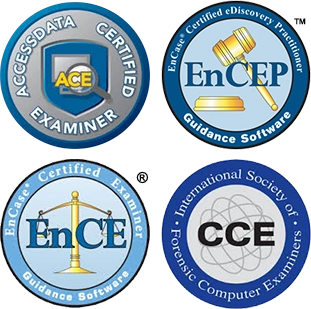 Four certification seals reading: Accessdata Certified Examiner, enCase Certified eDiscovery Practitioner Guidance Software, enCase Certified Examiner Guidance Software, and International Society of Forensic Computer Examiners.