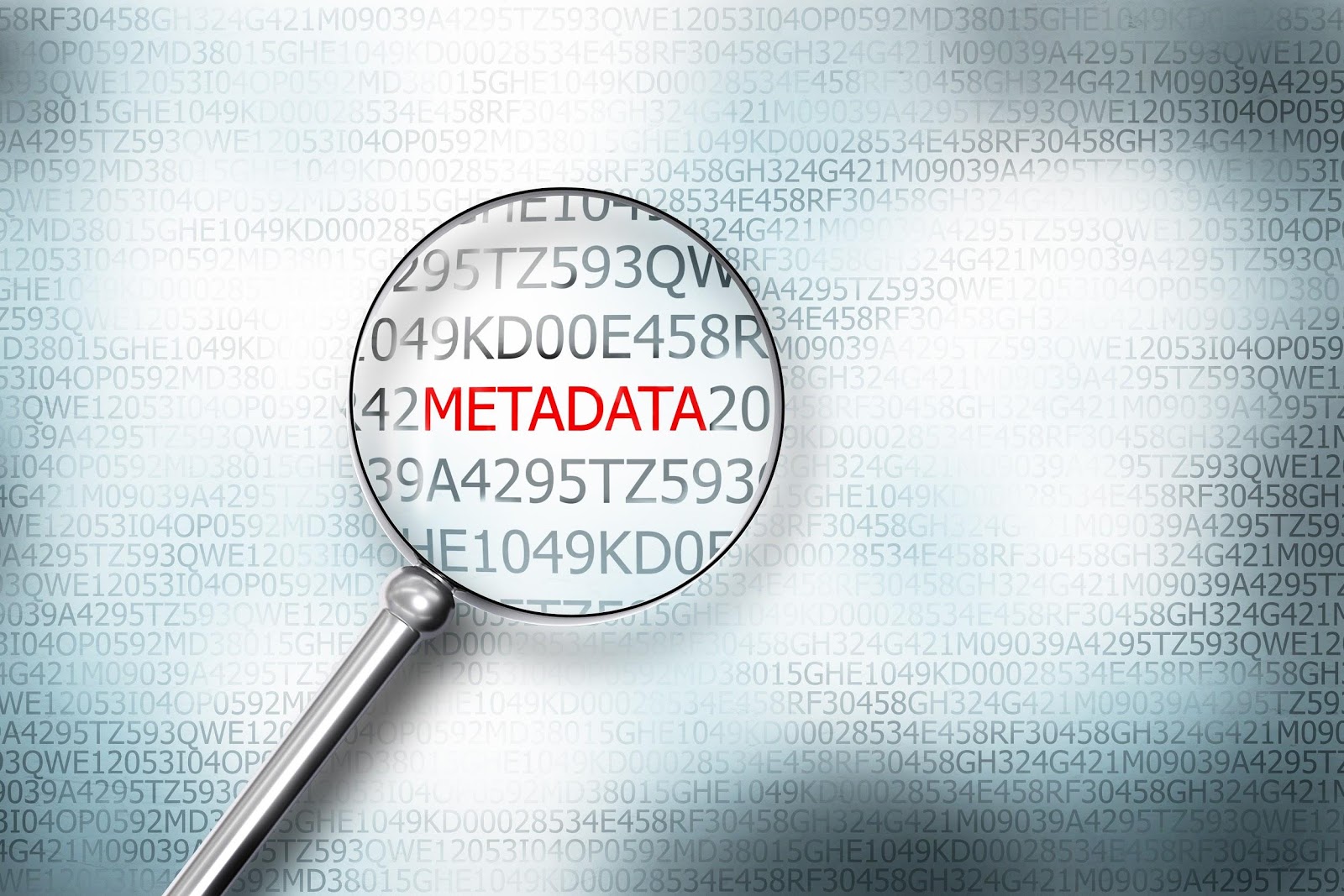 A magnifying glass over several lines of code hovering over the word, "Metadata" capitalized and in red.