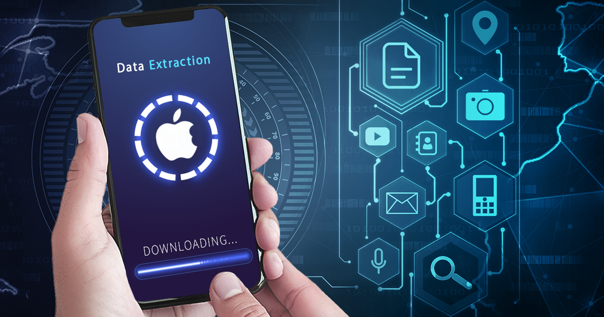 A hand holding a phone; the screen of the phone says, "Data Extraction Downloading..."